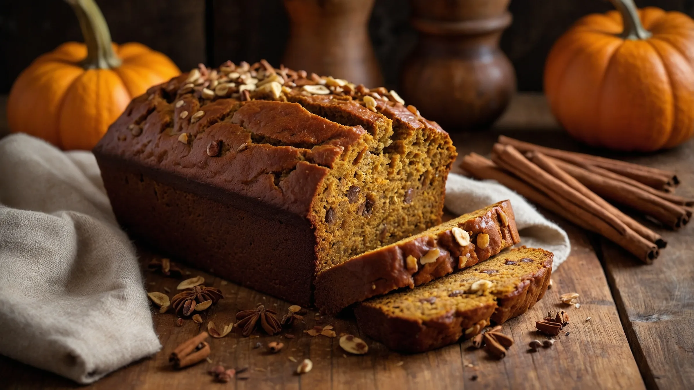 Perfectly baked pumpkin banana loaf with fall decorations