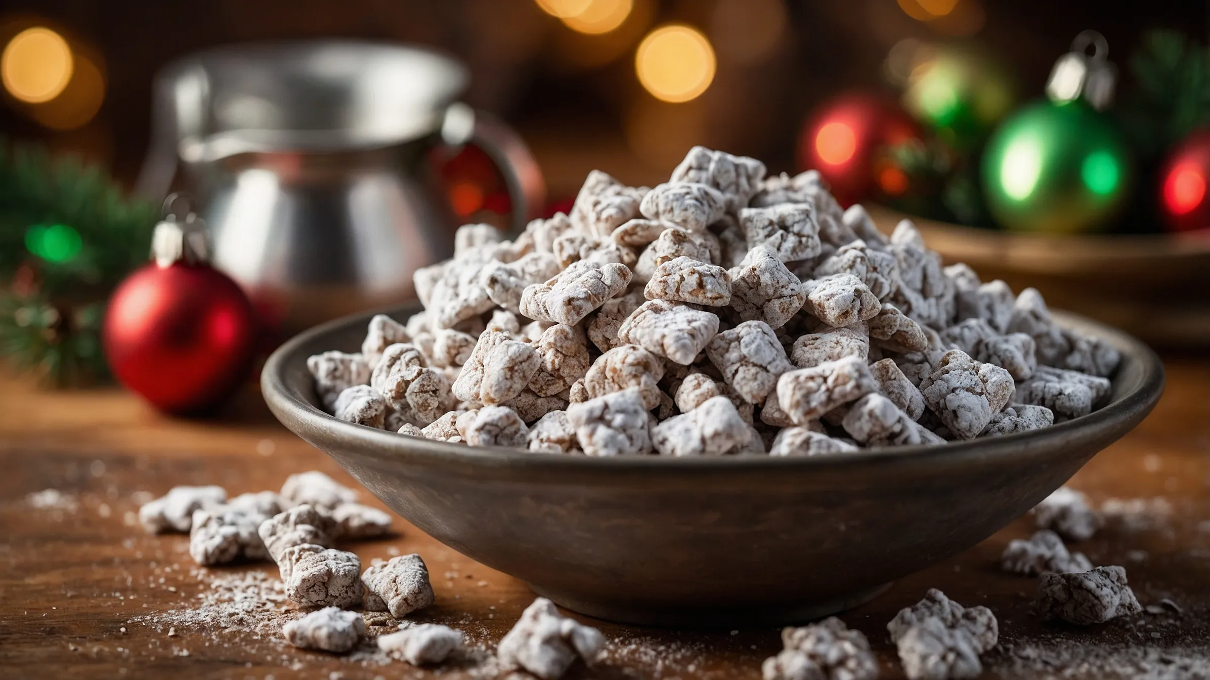 Bowl of Muddy Buddies with powdered sugar in a festive setting