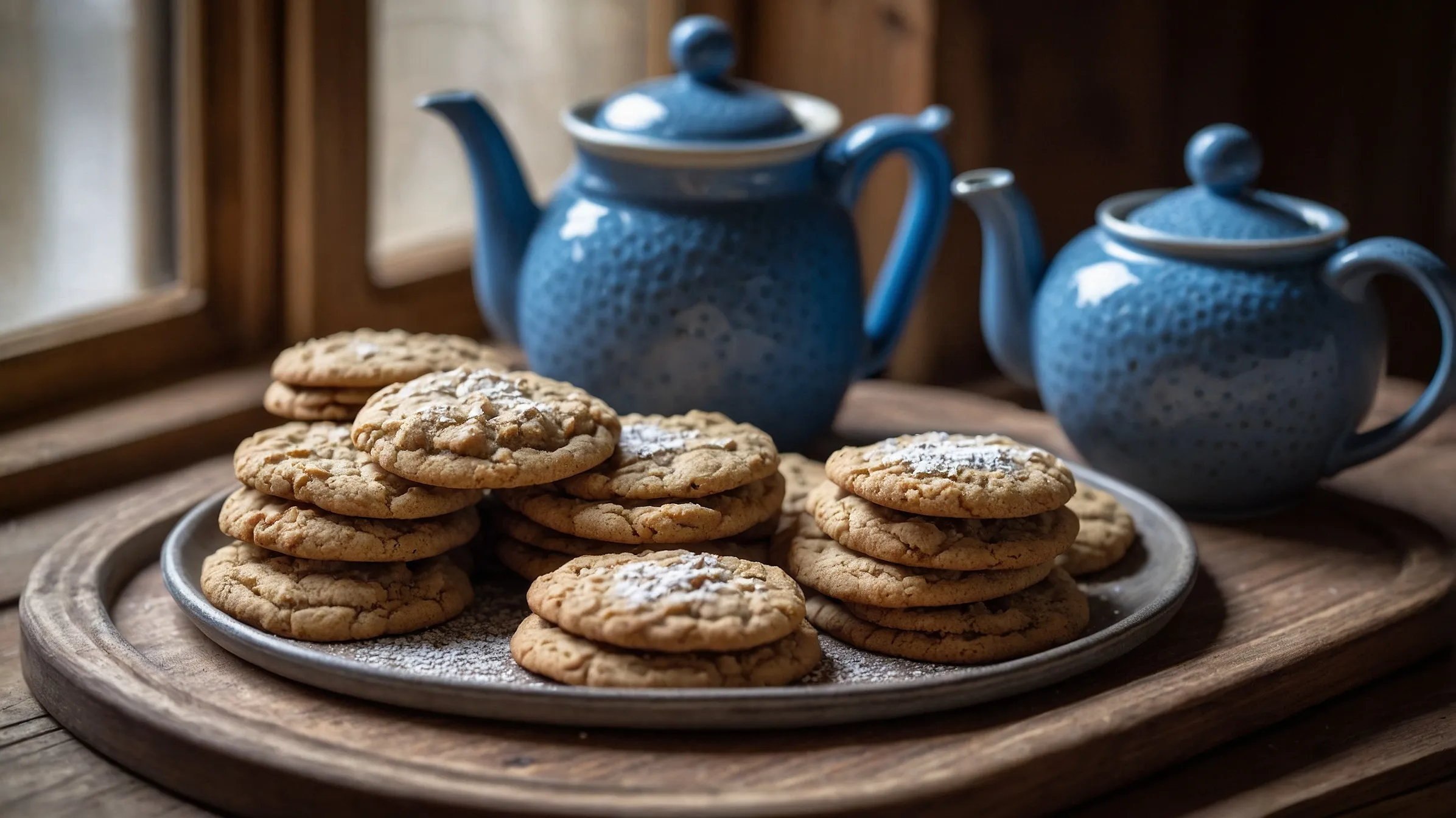 Freshly baked Earl Grey cookies with tea leaves and a blue teapot