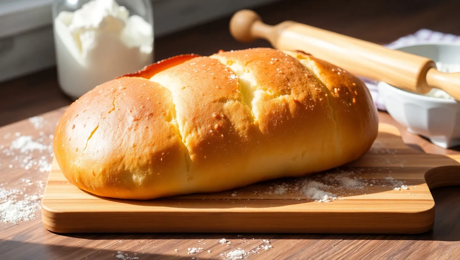 What type of flour is used for Pai Bao bread. Freshly baked Pai Bao bread on a wooden cutting board