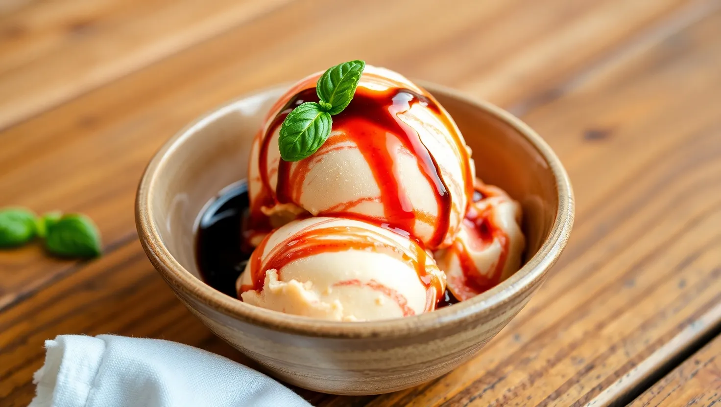 A scoop of bolognese ice cream served with basil and balsamic reduction