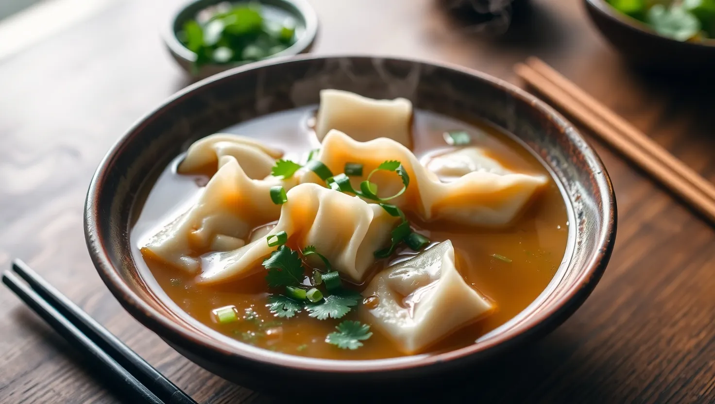 A warm bowl of traditional wonton soup with fresh herbs