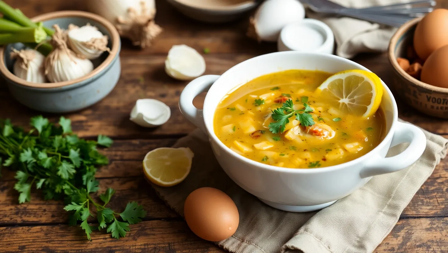 Traditional mock turtle soup garnished with parsley and lemon