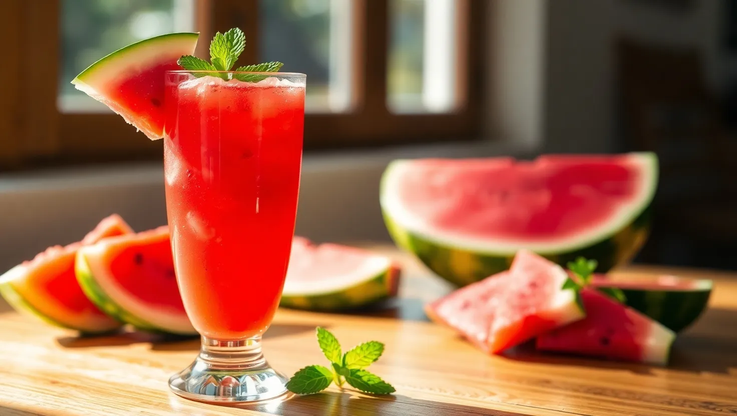 Refreshing glass of watermelon juice with mint garnish