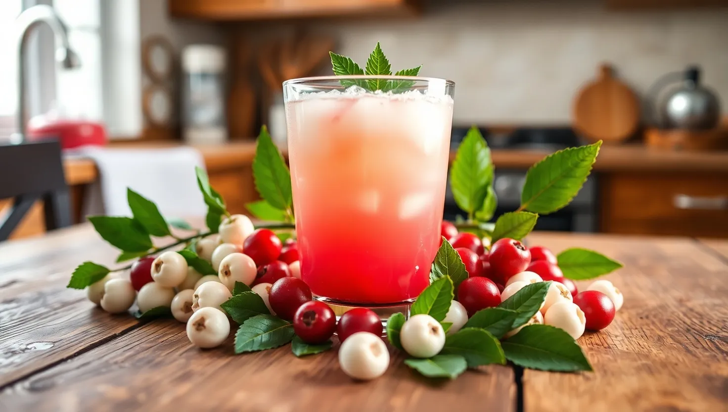 A glass of white cranberry juice surrounded by fresh cranberries