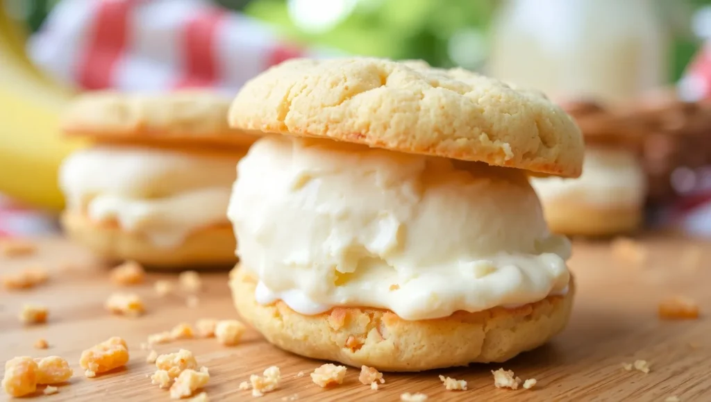 A banana pudding ice cream sandwich made with soft cookies and crushed wafers