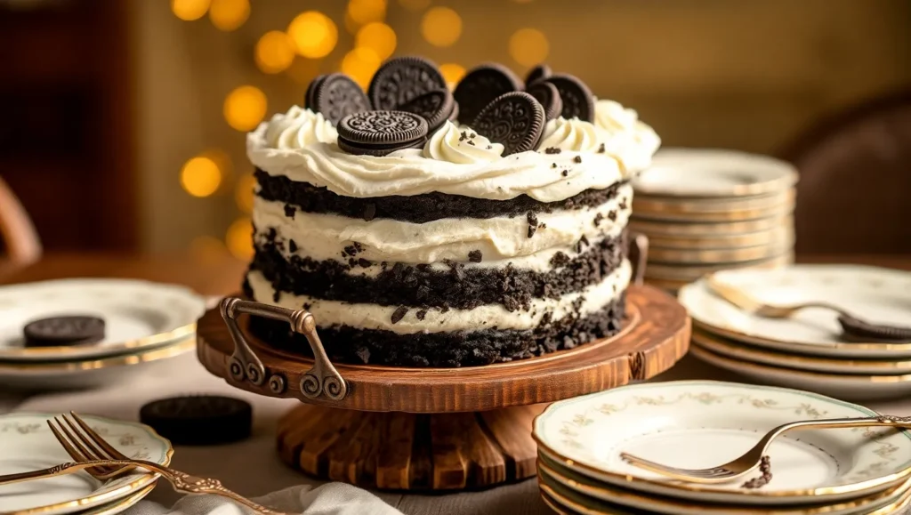 Oreo ice cream cake with whipped cream and Oreo toppings