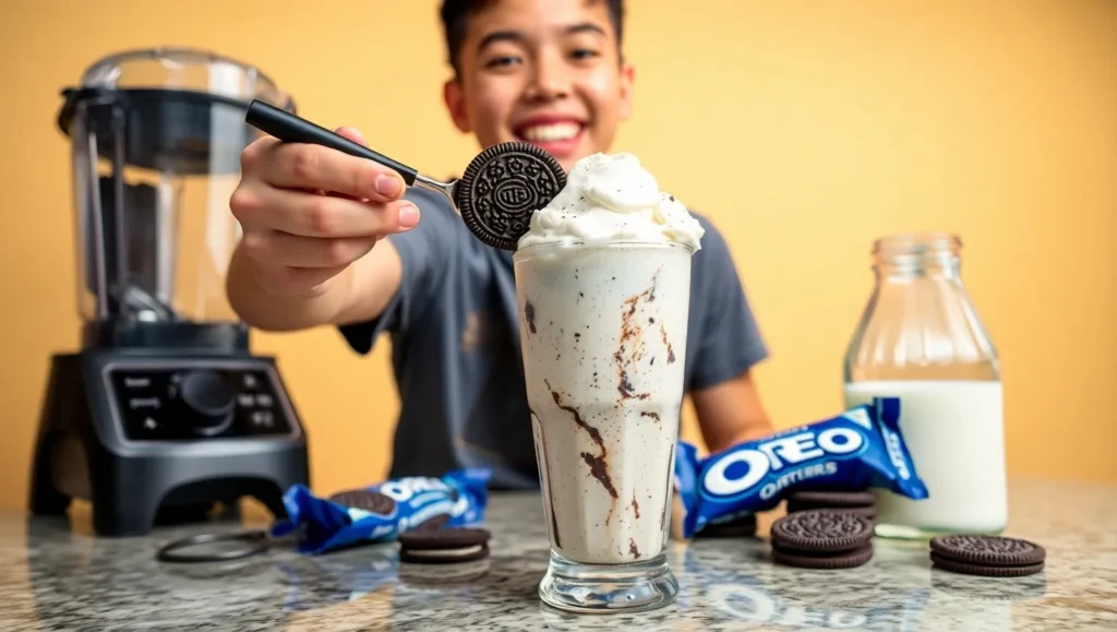 Making an Oreo ice cream milkshake with fresh ingredients
