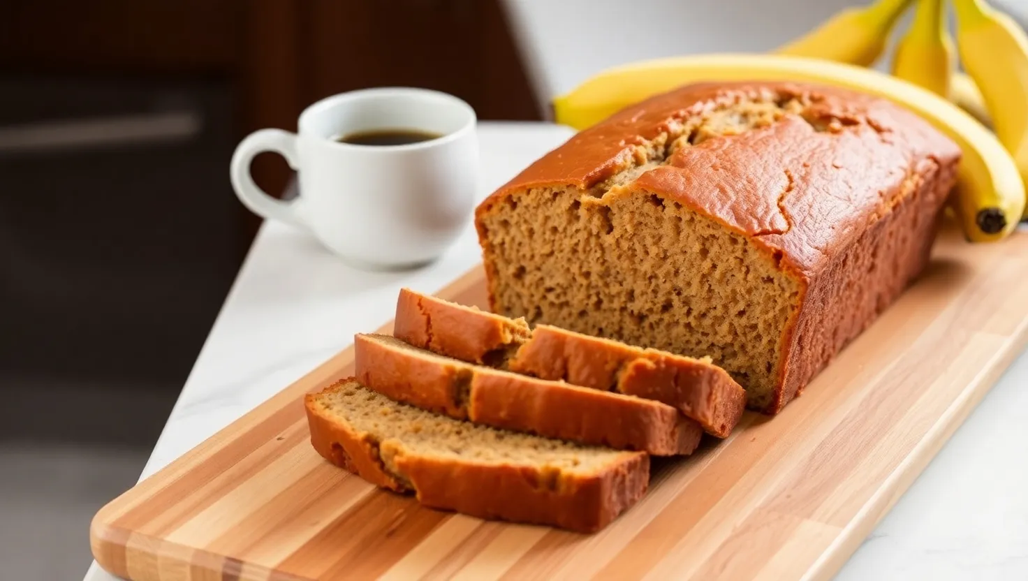 Golden loaf of 4 ingredient banana bread on a wooden cutting board