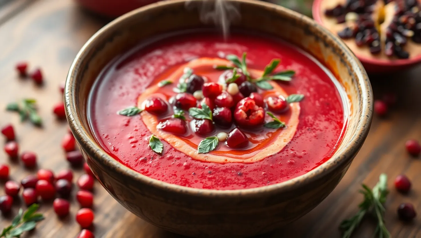 A bowl of pomegranate topped soup garnished with pomegranate seeds and fresh herbs