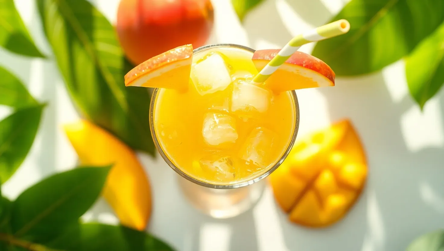 Fresh mango juice served with ice and mango slices