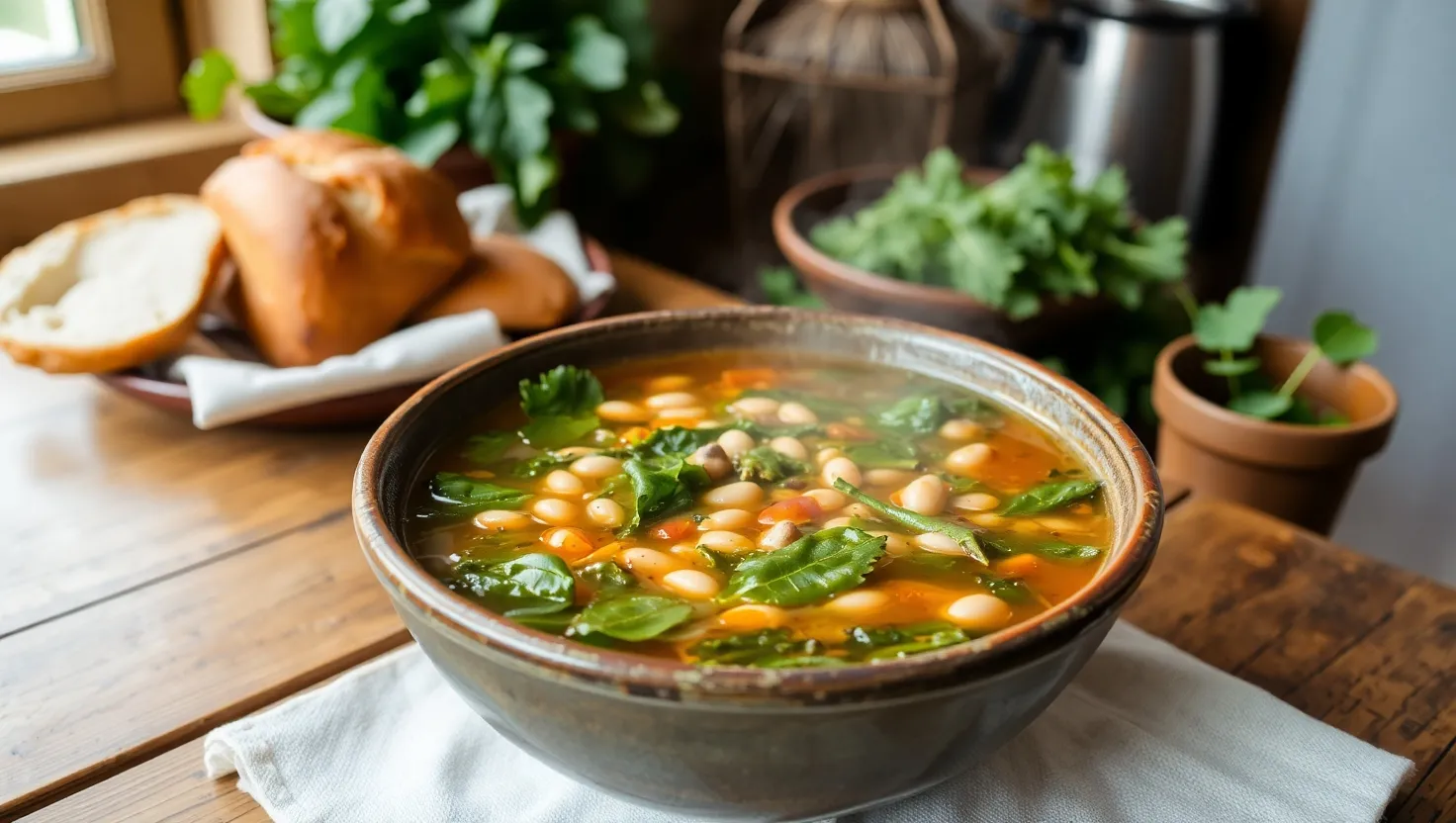 A bowl of swamp soup with leafy greens, beans, and broth