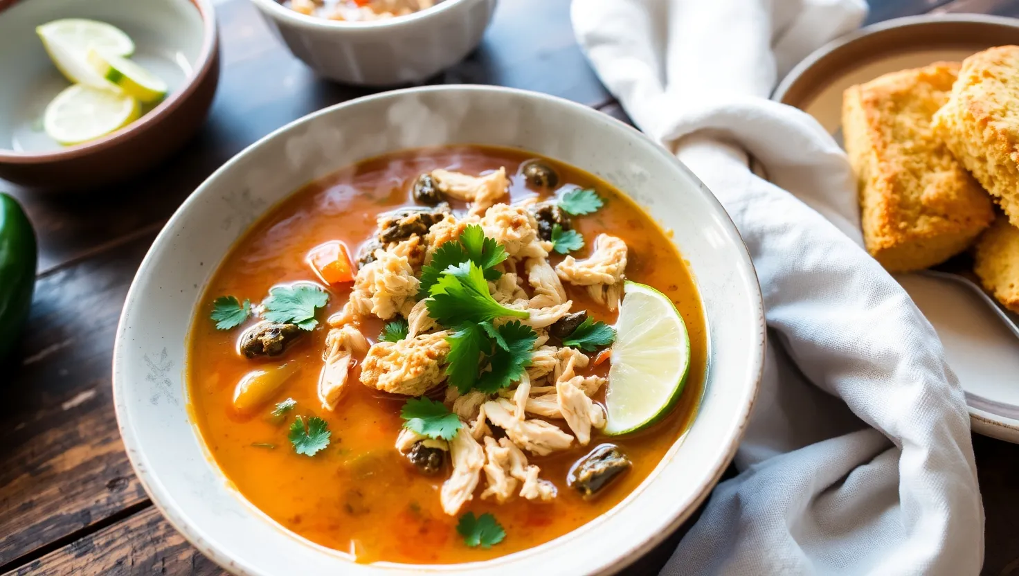 A bowl of chicken poblano soup with garnishes on a wooden table