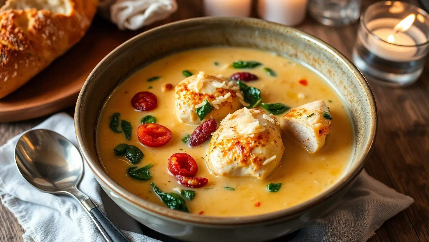 Steaming bowl of creamy Marry Me Chicken Soup with bread