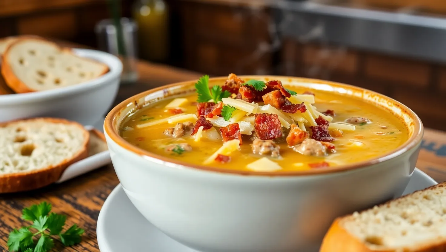 A bowl of hamburger potato soup garnished with parsley, cheese, and bacon