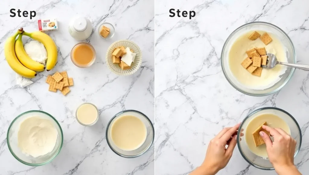 Step-by-step preparation of banana pudding ice cream with visible ingredients