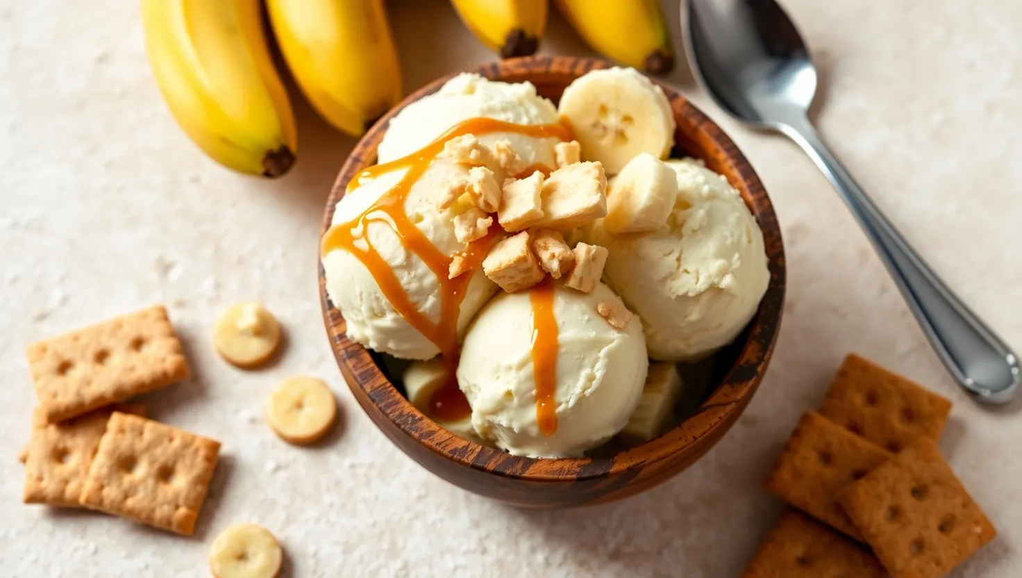 A bowl of banana pudding ice cream topped with crushed vanilla wafers and bananas