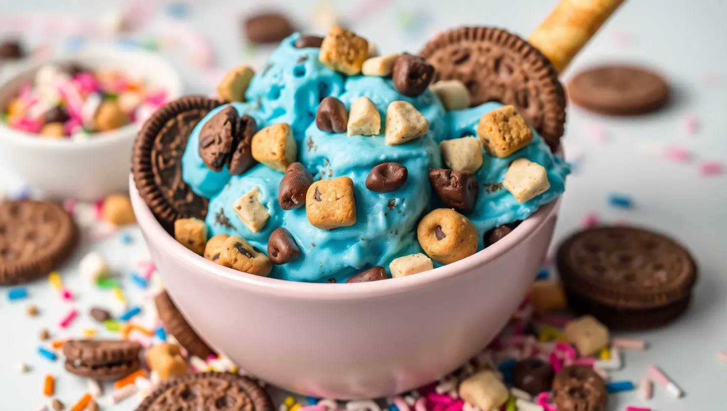 Bright blue cookie monster ice cream with cookie chunks in a pastel bowl
