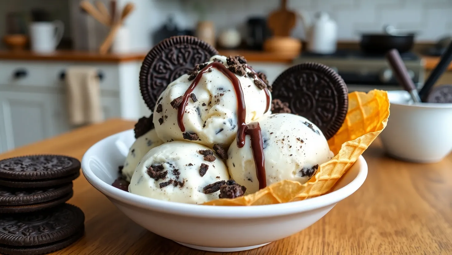 Bowl of Oreo ice cream with crushed Oreos and chocolate drizzle