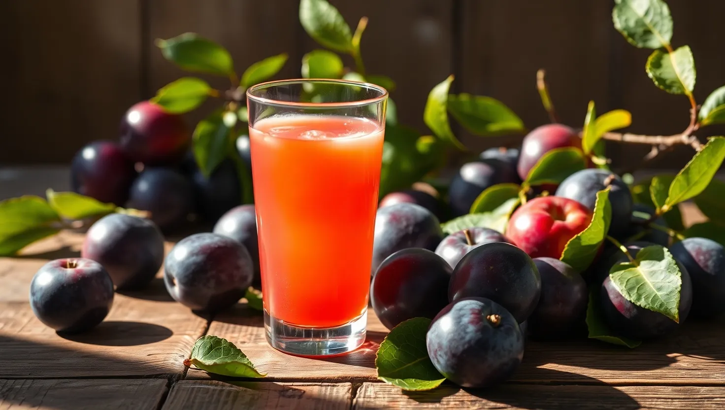 A glass of fresh plum juice surrounded by ripe plums on a wooden table.