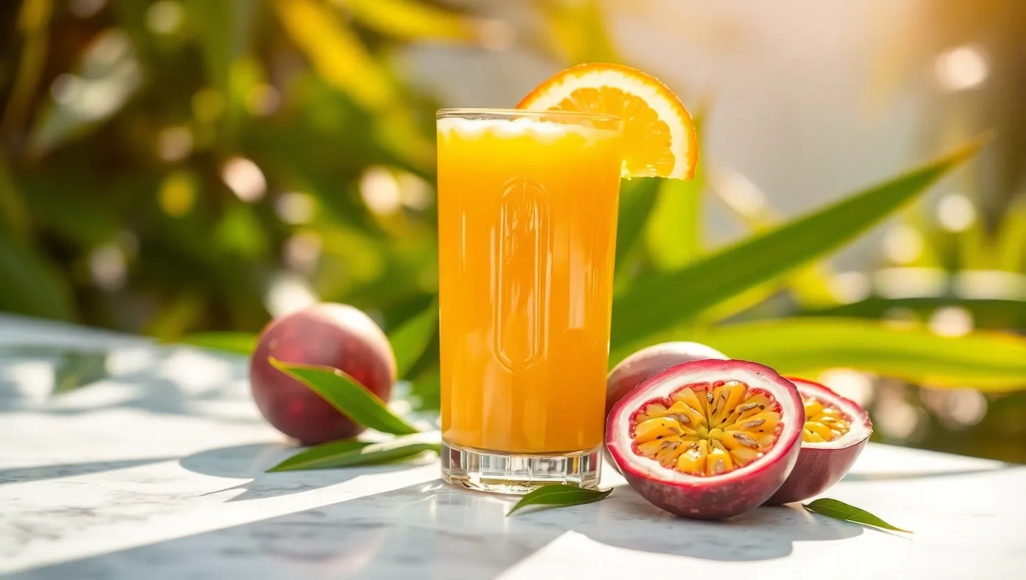 A glass of fresh passion fruit juice with sliced passion fruits on the side