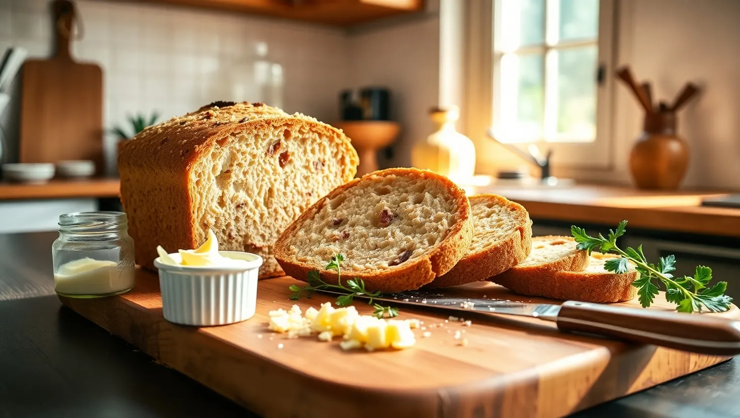 Freshly baked rye bread on a wooden board with butter and herbs. How is rye bread best eaten?