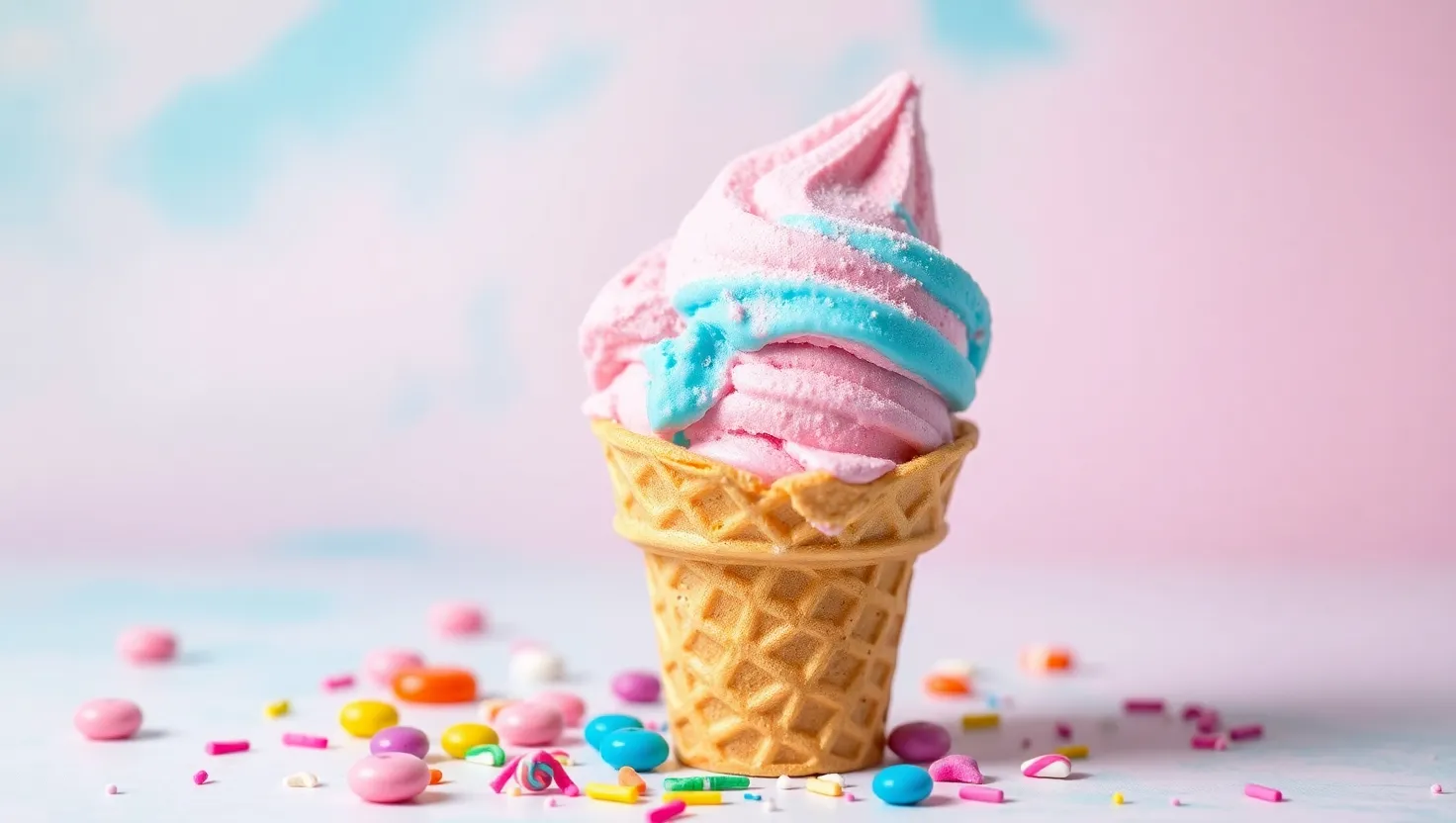 Pink and blue bubble gum ice cream scoop in a waffle cone. bubble gum ice cream