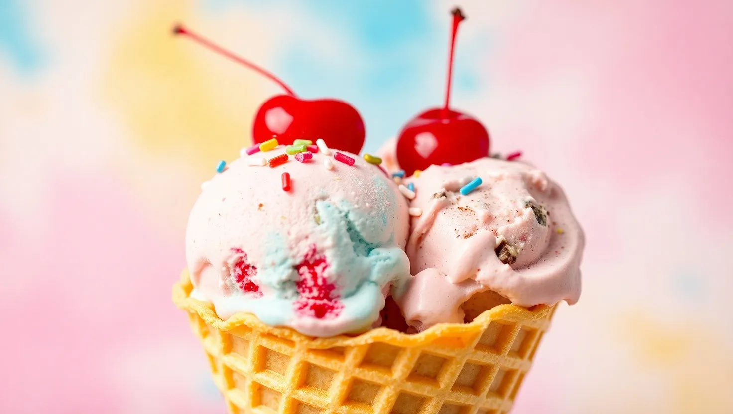 A waffle ice cream cone with colorful scoops and sprinkles