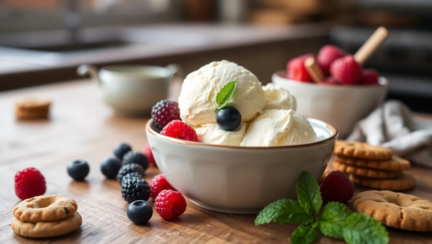 A scoop of gluten free vanilla ice cream with berries
