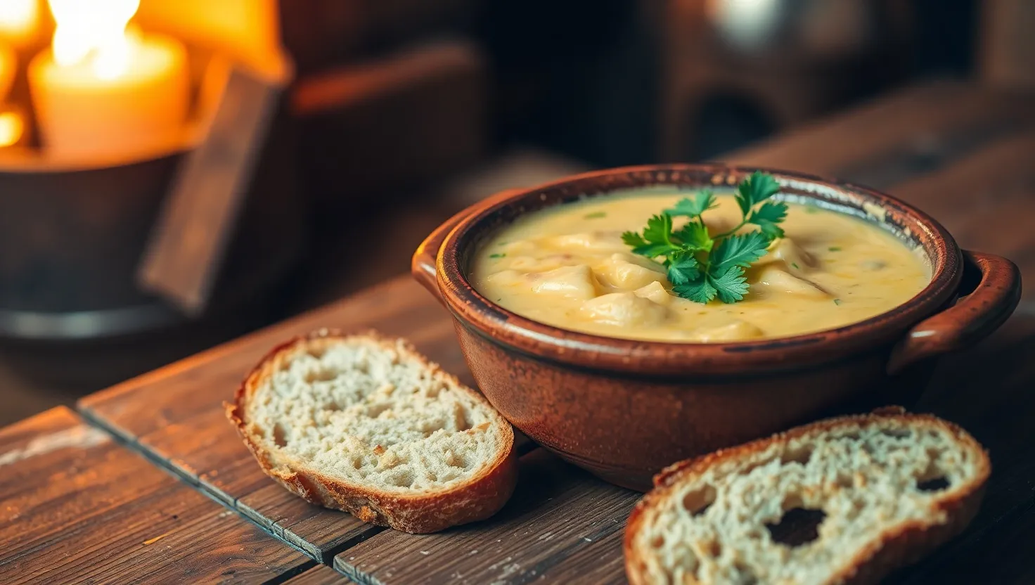 A rustic bowl of creamy 4 ingredient potato soup with bread
