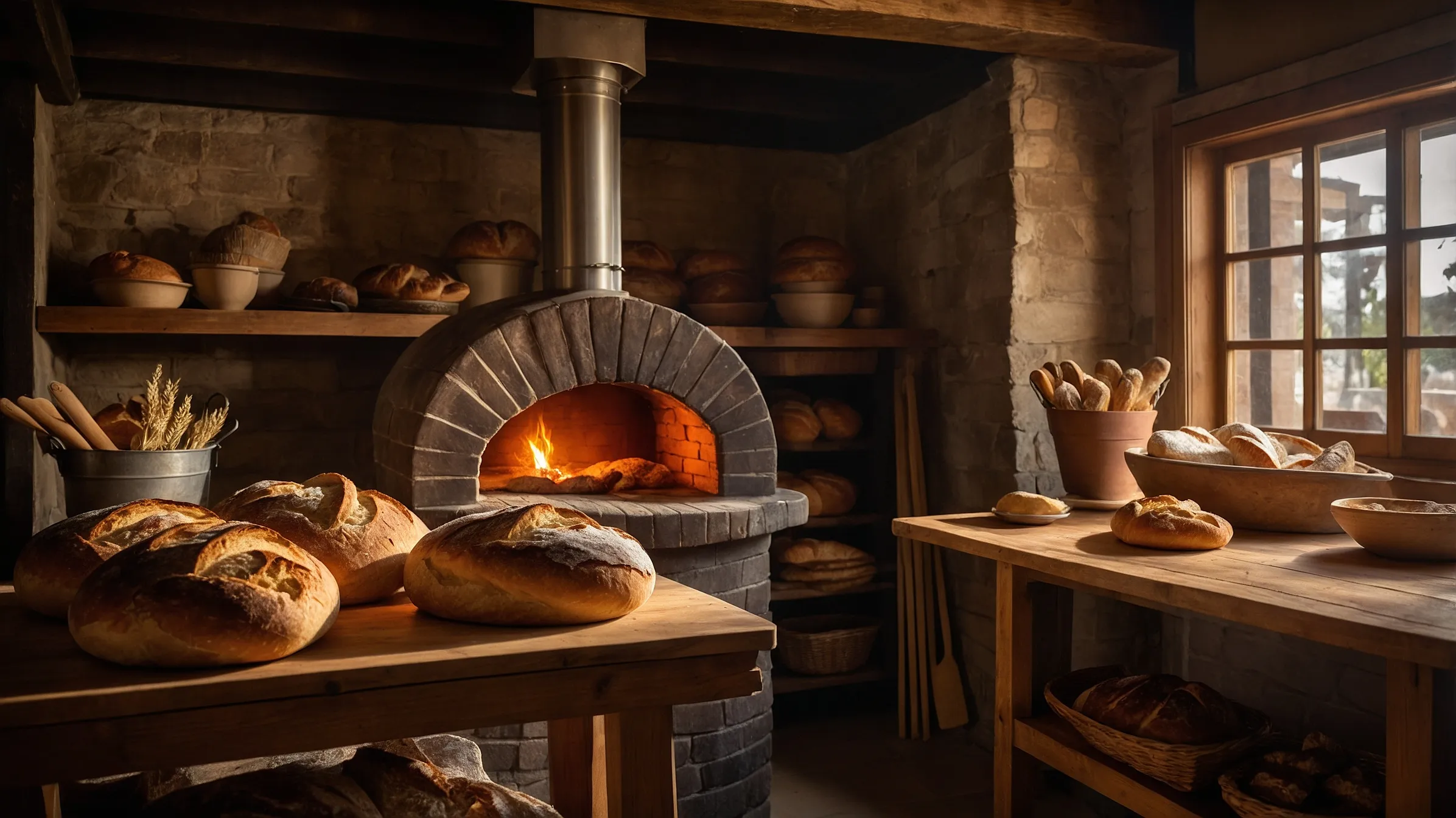 Rustic bread oven with freshly baked sourdough loaves