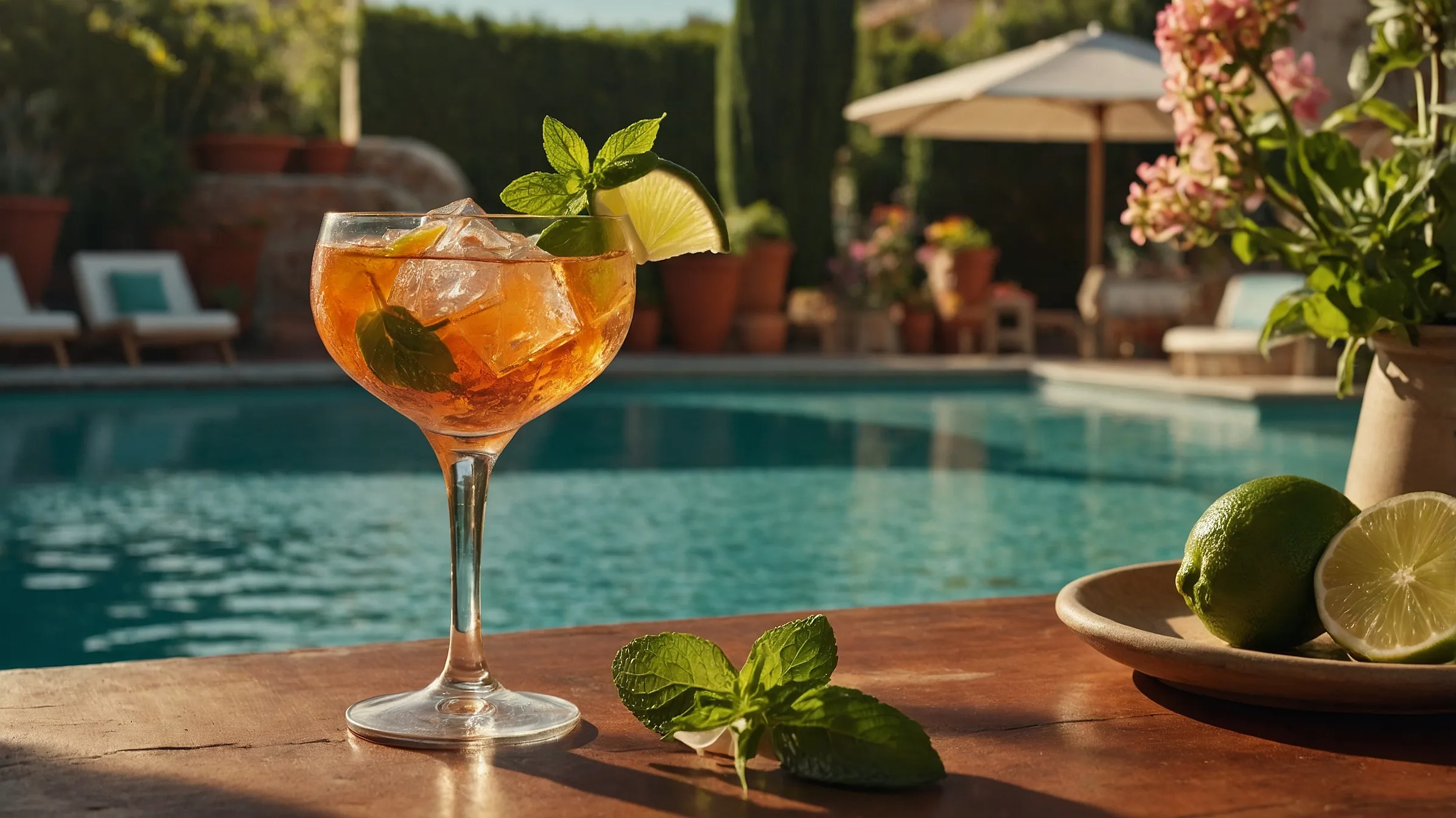 A refreshing Hugo Spritz served on a sunny terrace with mint and lime garnish