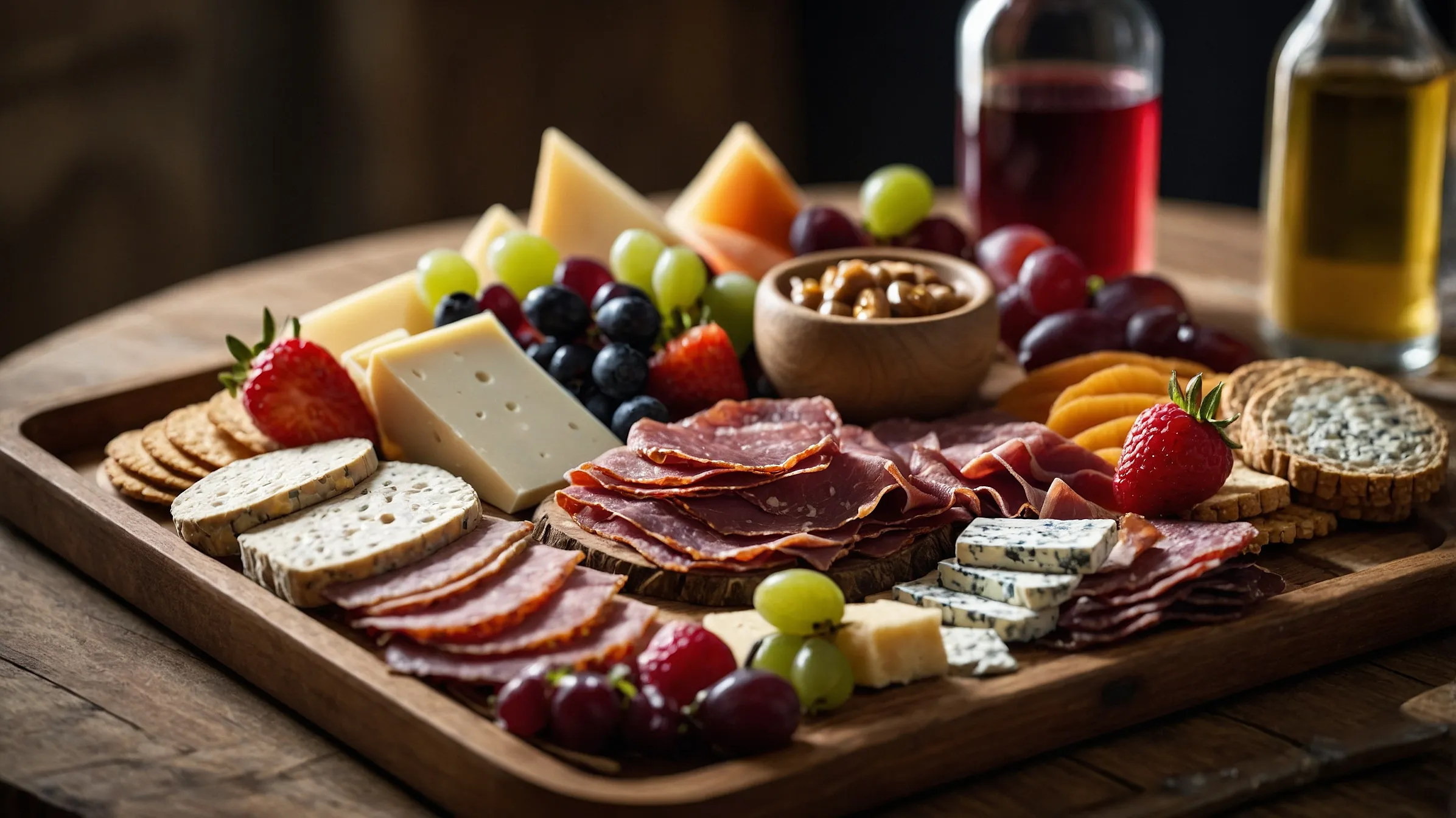 Charcuterie board with assorted lunch meat, cheeses, and fruits
