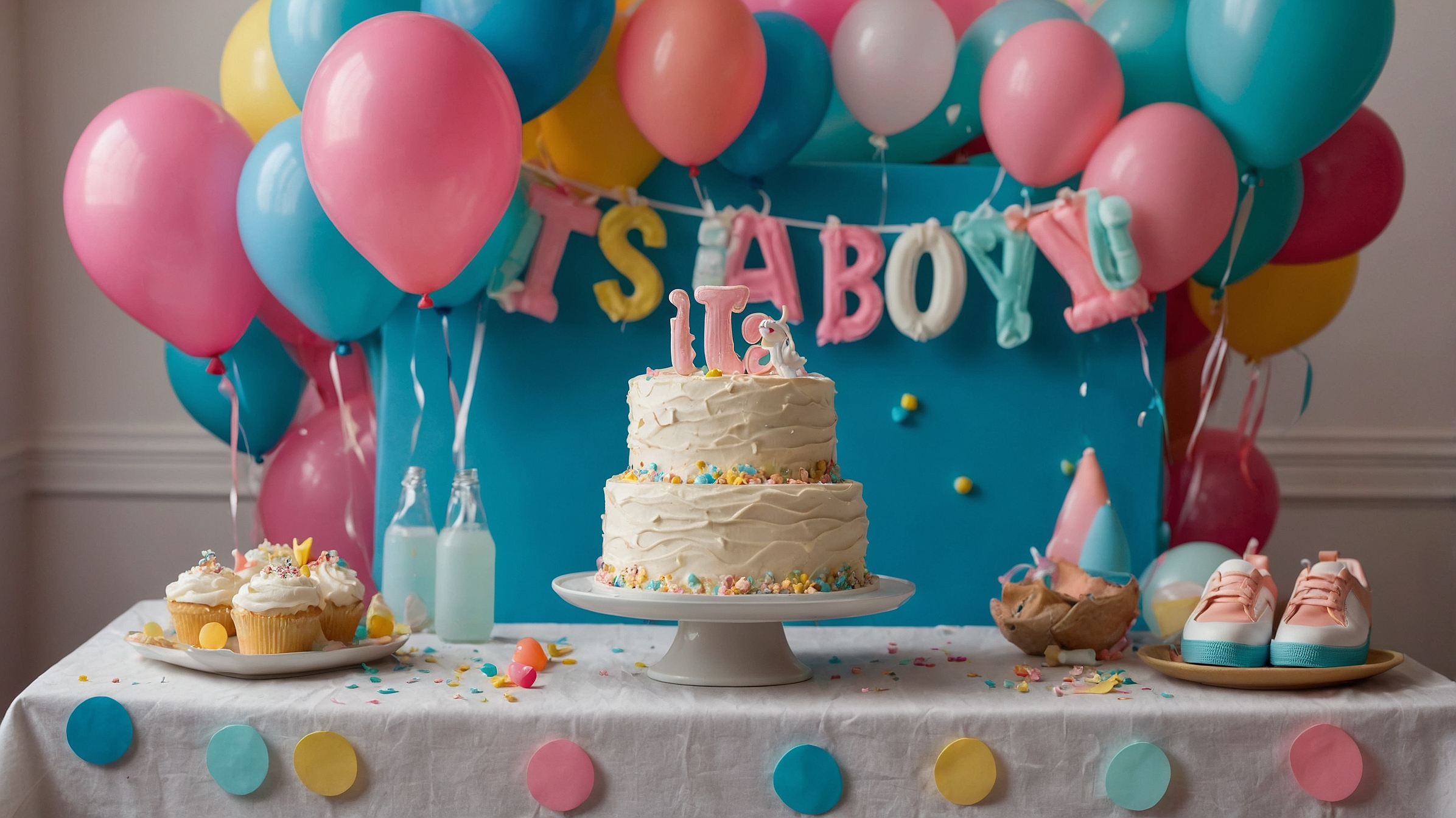 Gender reveal cake with pastel frosting and baby decorations