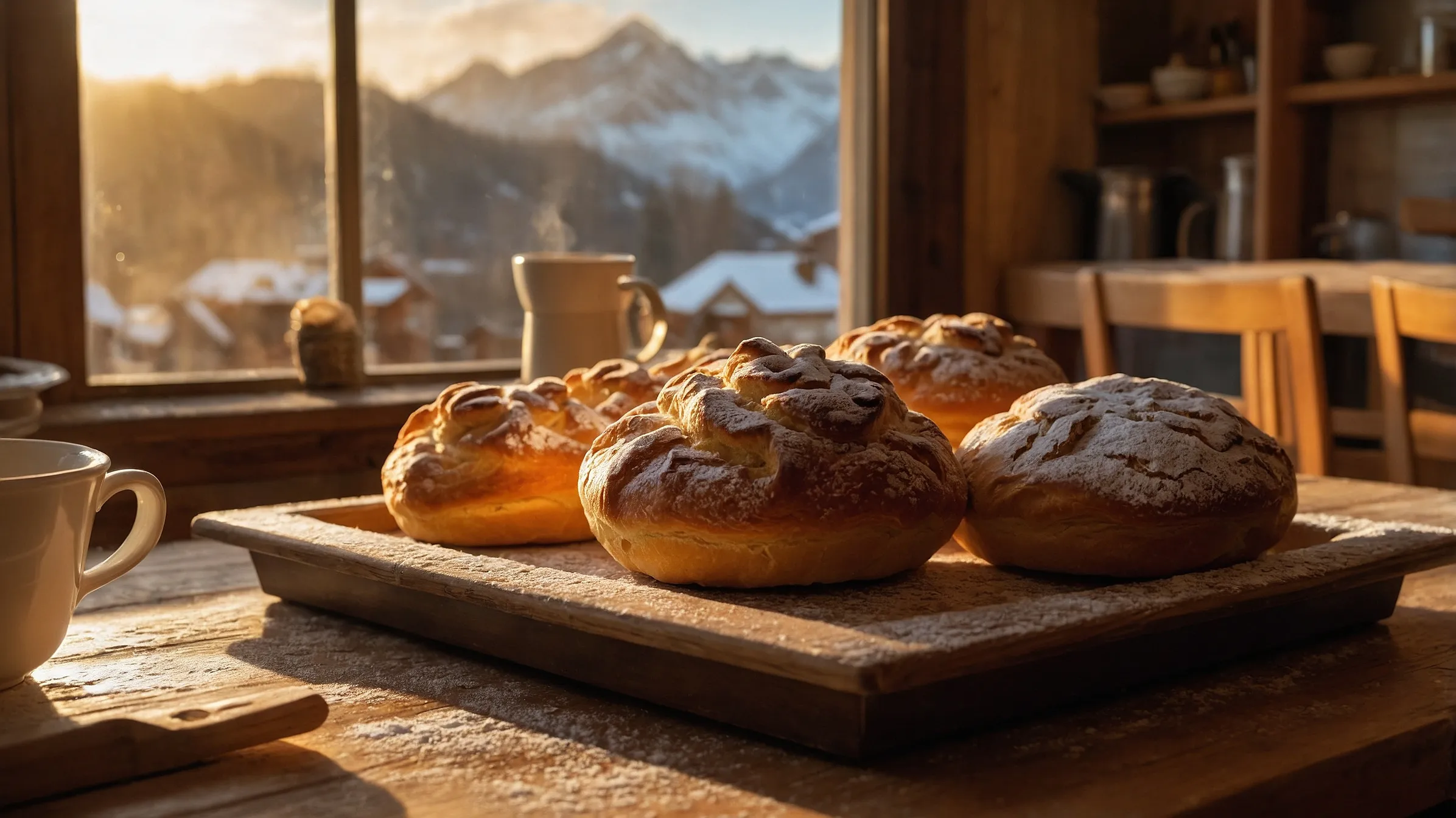 Freshly baked Swiss Gipfeli on a wooden table with coffee gipfeli recipe