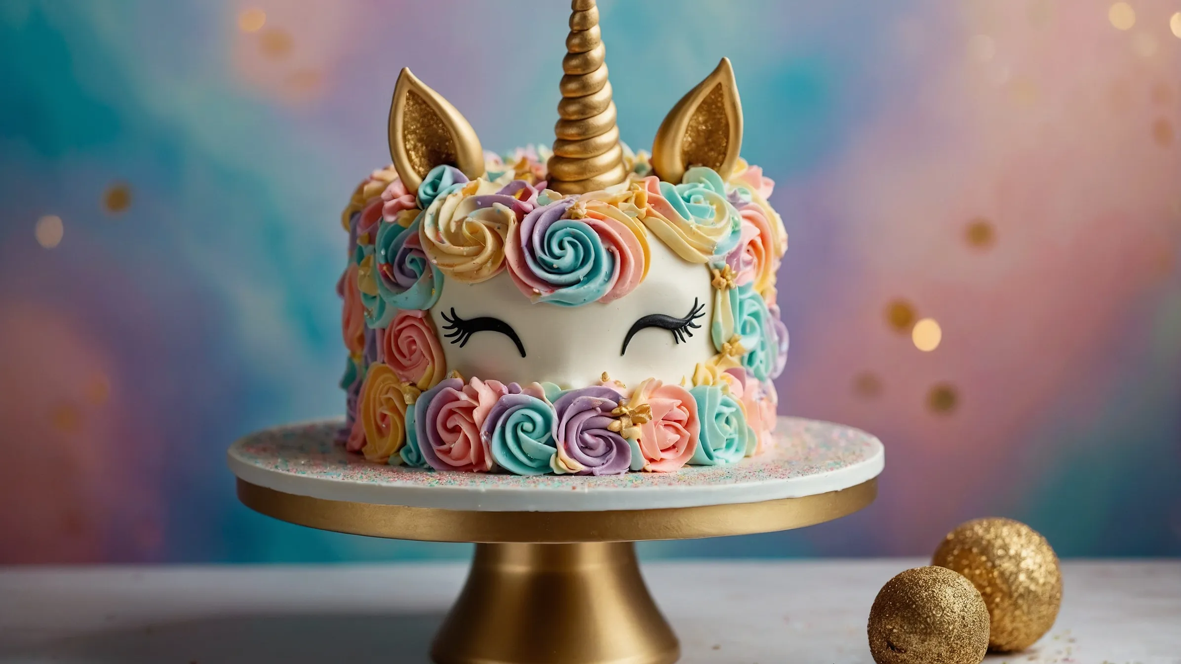 Decorated unicorn cake with pastel frosting and gold horn