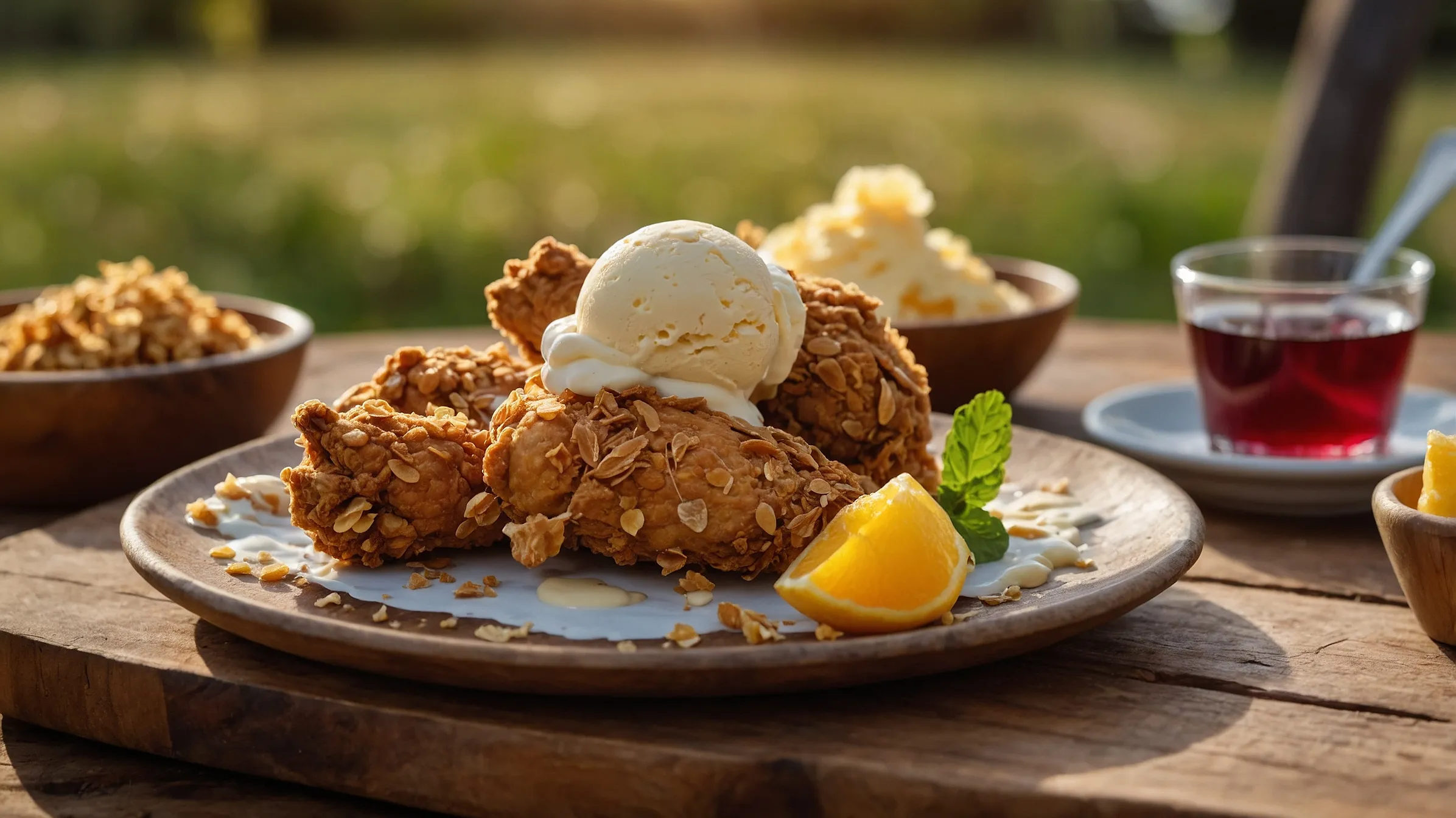 Fried chicken ice cream on a wooden plate