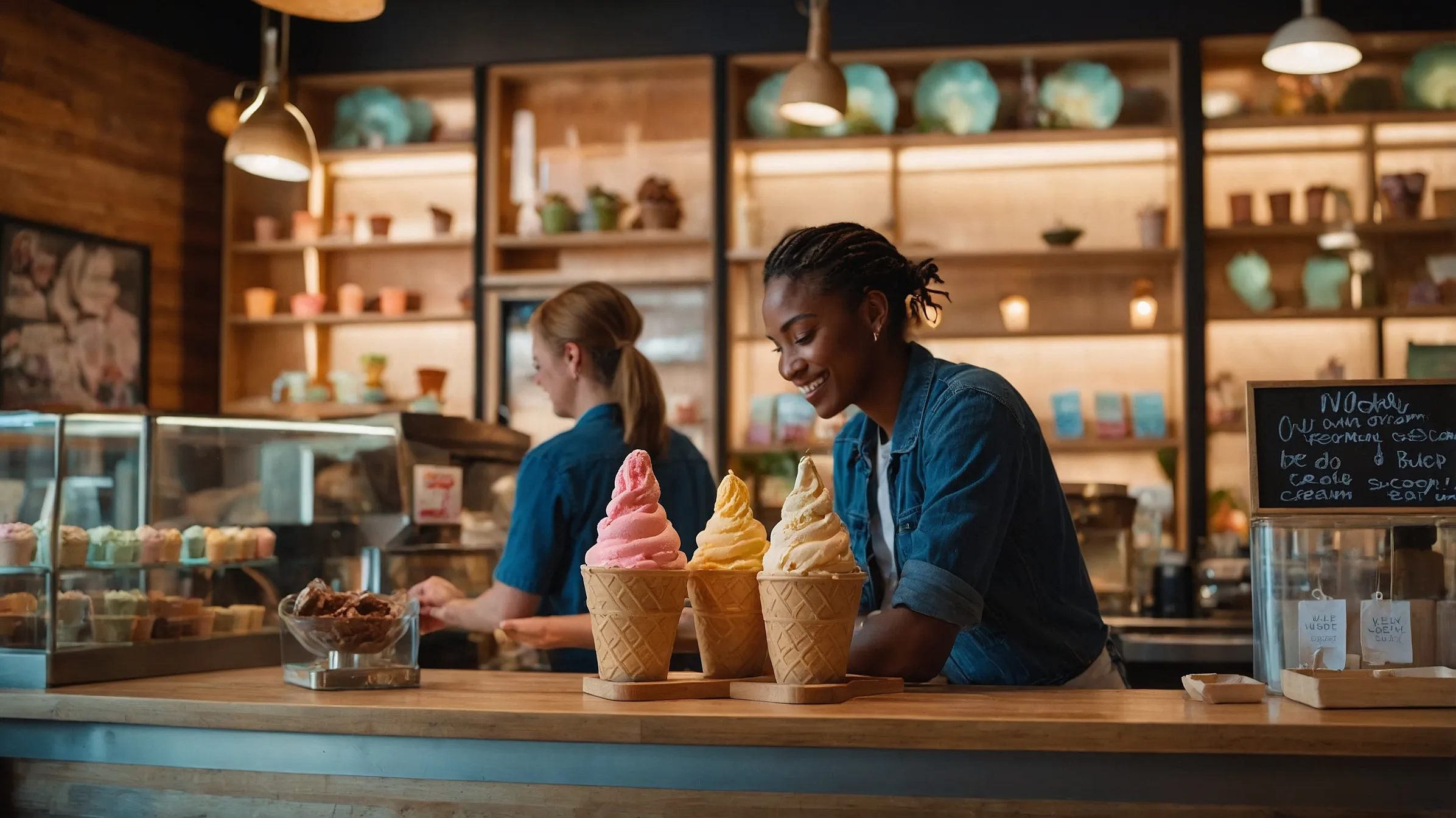 Cozy ice cream shop with eco-friendly pints and waffle cones