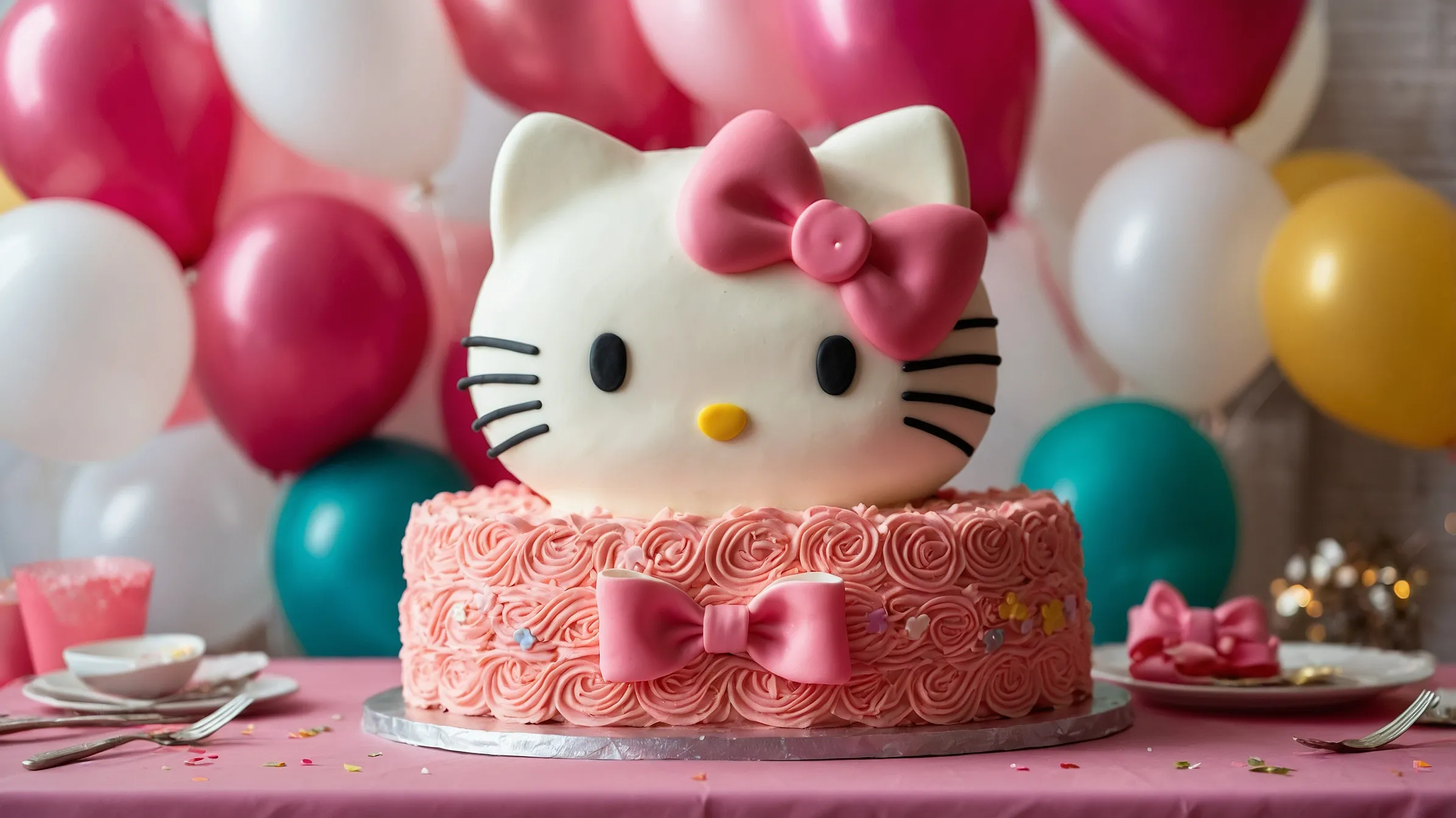 A stunning Hello Kitty cake with pink and white frosting on a festive table