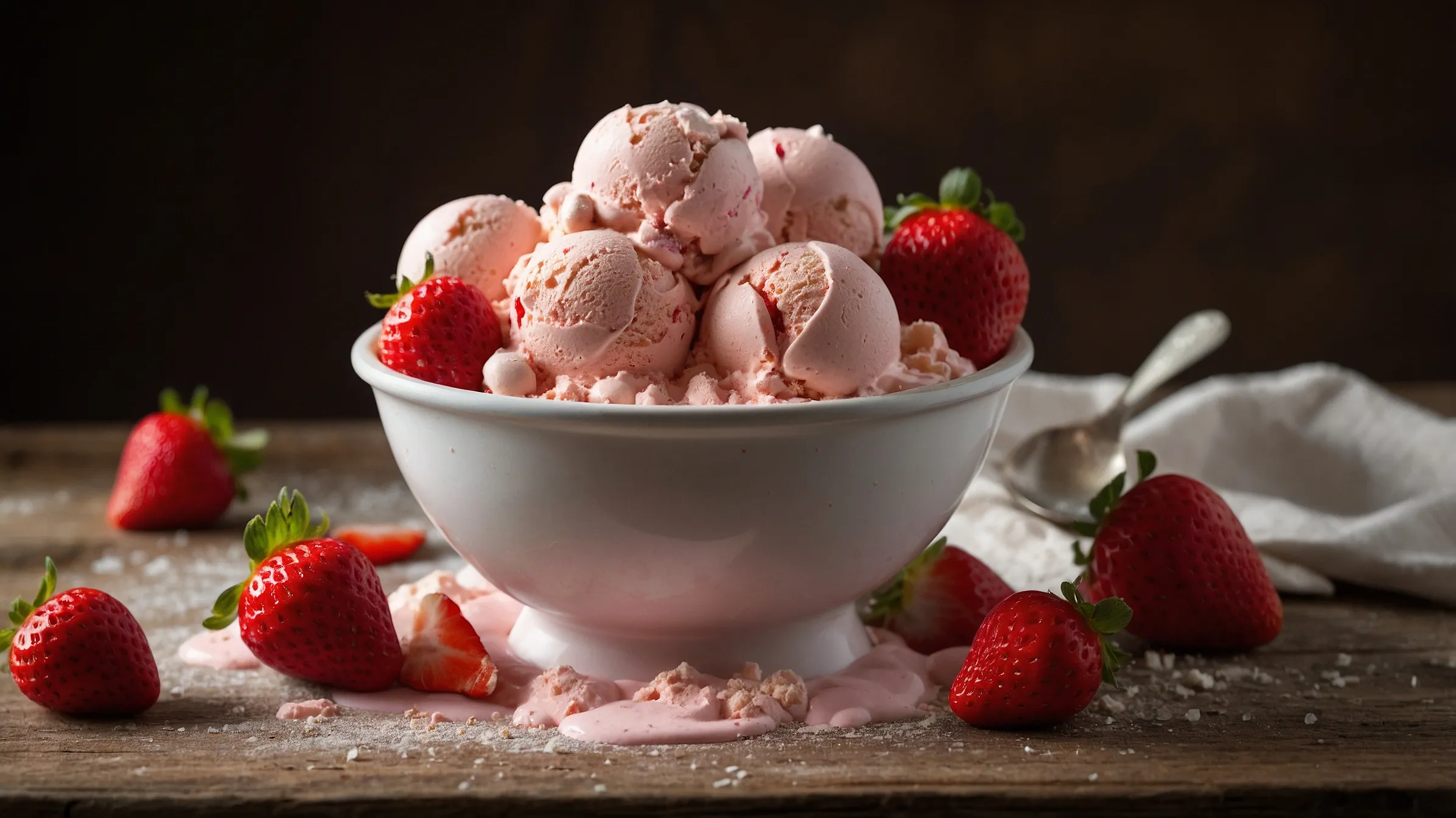 Bowl of strawberry shortcake ice cream with fresh strawberries