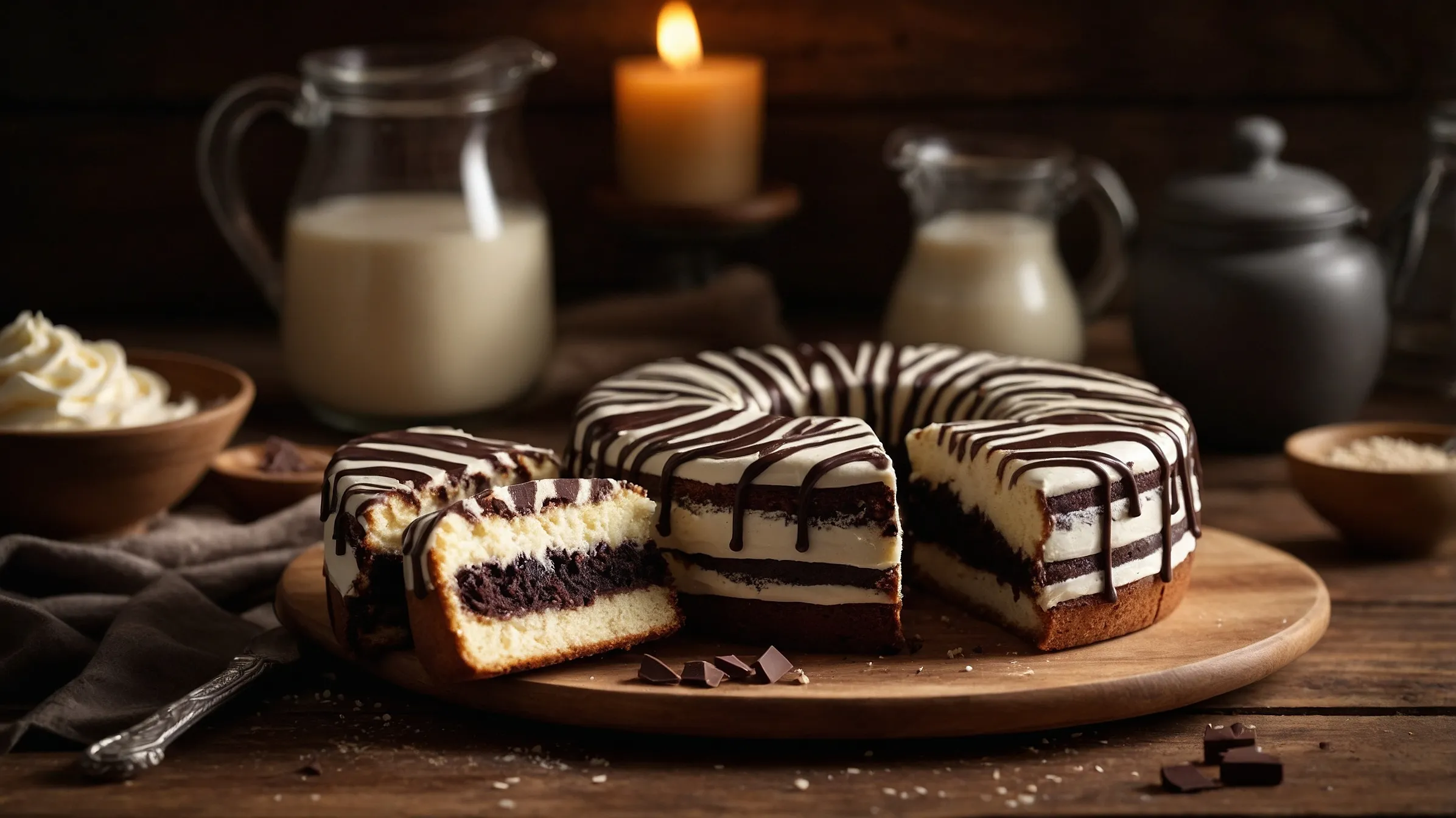 Zebra cakes on a rustic table surrounded by ingredients