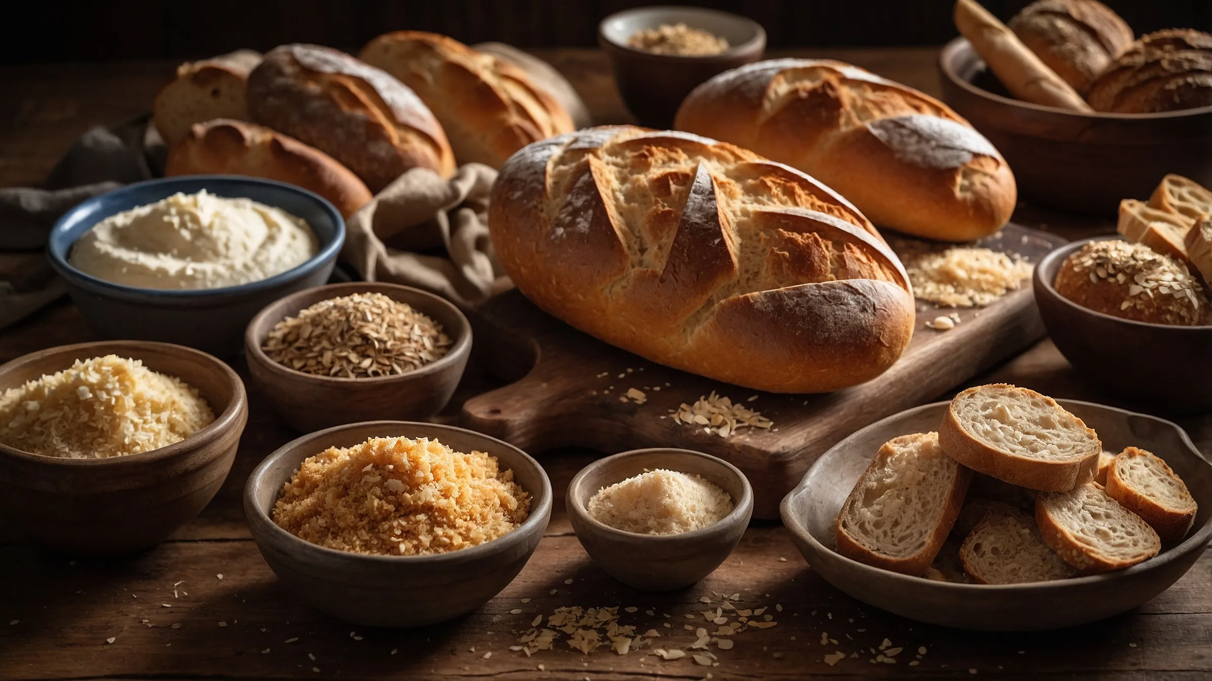 Variety of bread types with bowls of fresh, dried, and panko bread crumbs . bread and crumbs