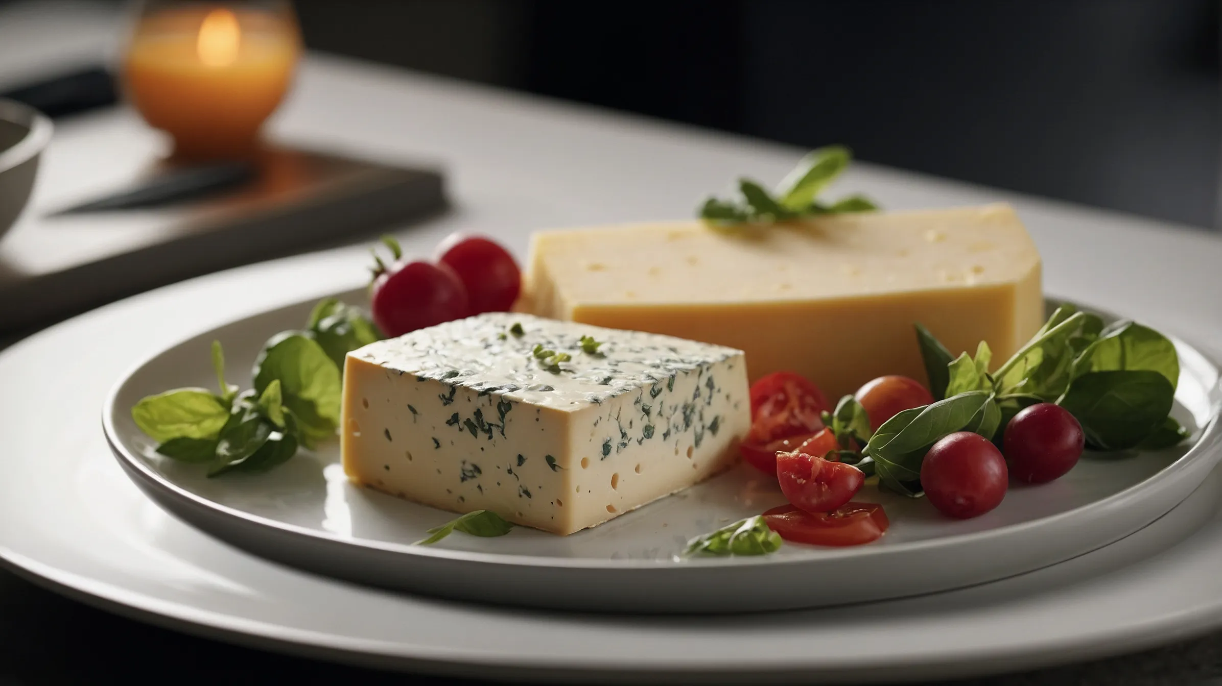 A gourmet dish featuring fresh cheese on a clean kitchen counter . Does Lunchly have moldy cheese?