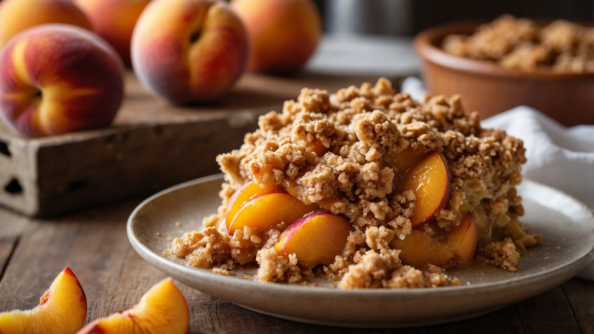 Golden brown peach crumble in a white dish with peach filling peach crumble recipe