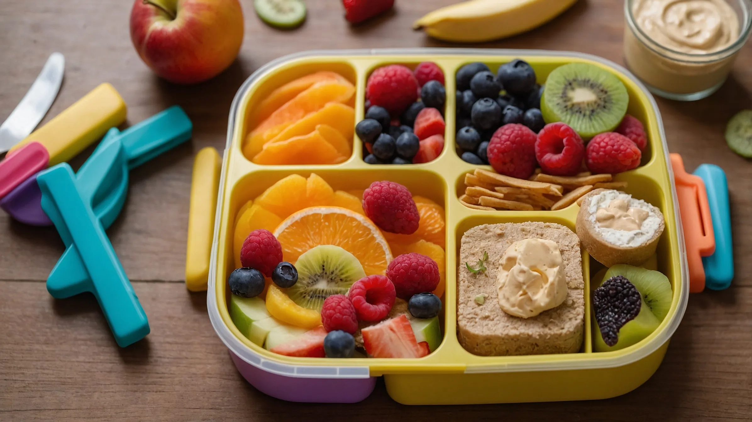Toddler lunchbox with healthy snacks and colorful fruits. Toddler lunch ideas