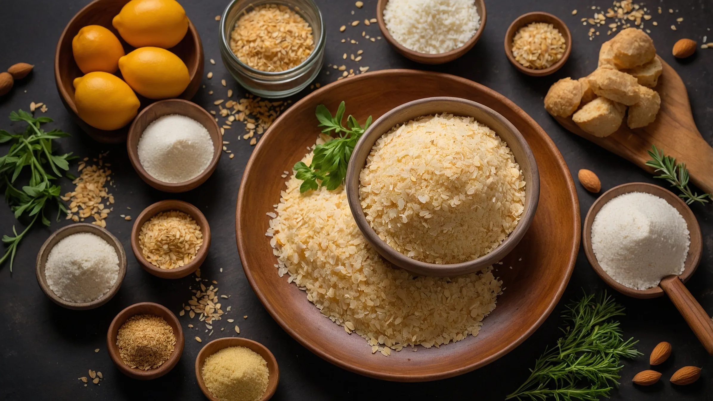 Golden crispy gluten-free bread crumbs in a bowl with ingredients. gluten free bread crumbs