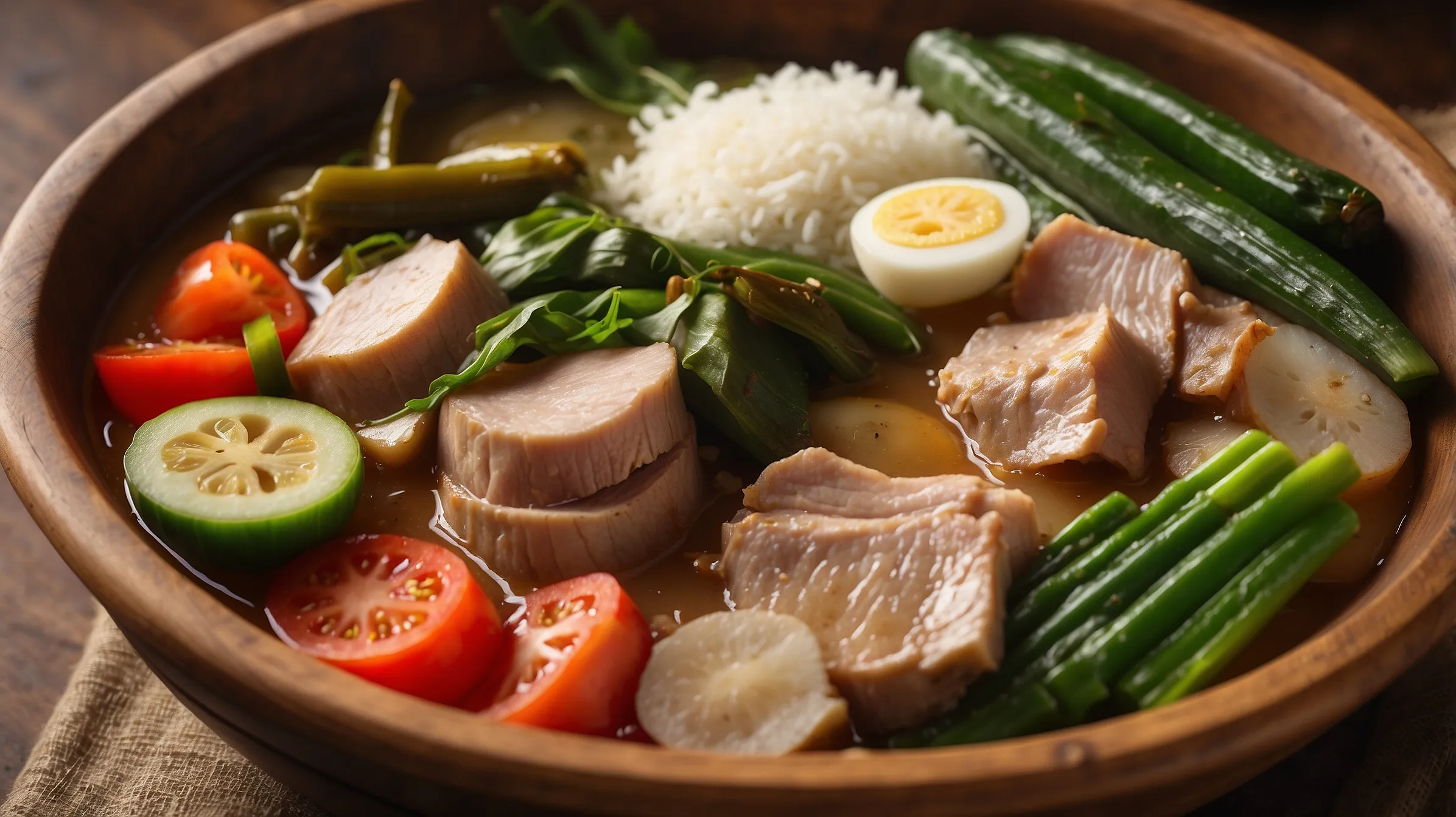 A bowl of sinigang na baboy, a traditional Filipino sour soup with pork and vegetables