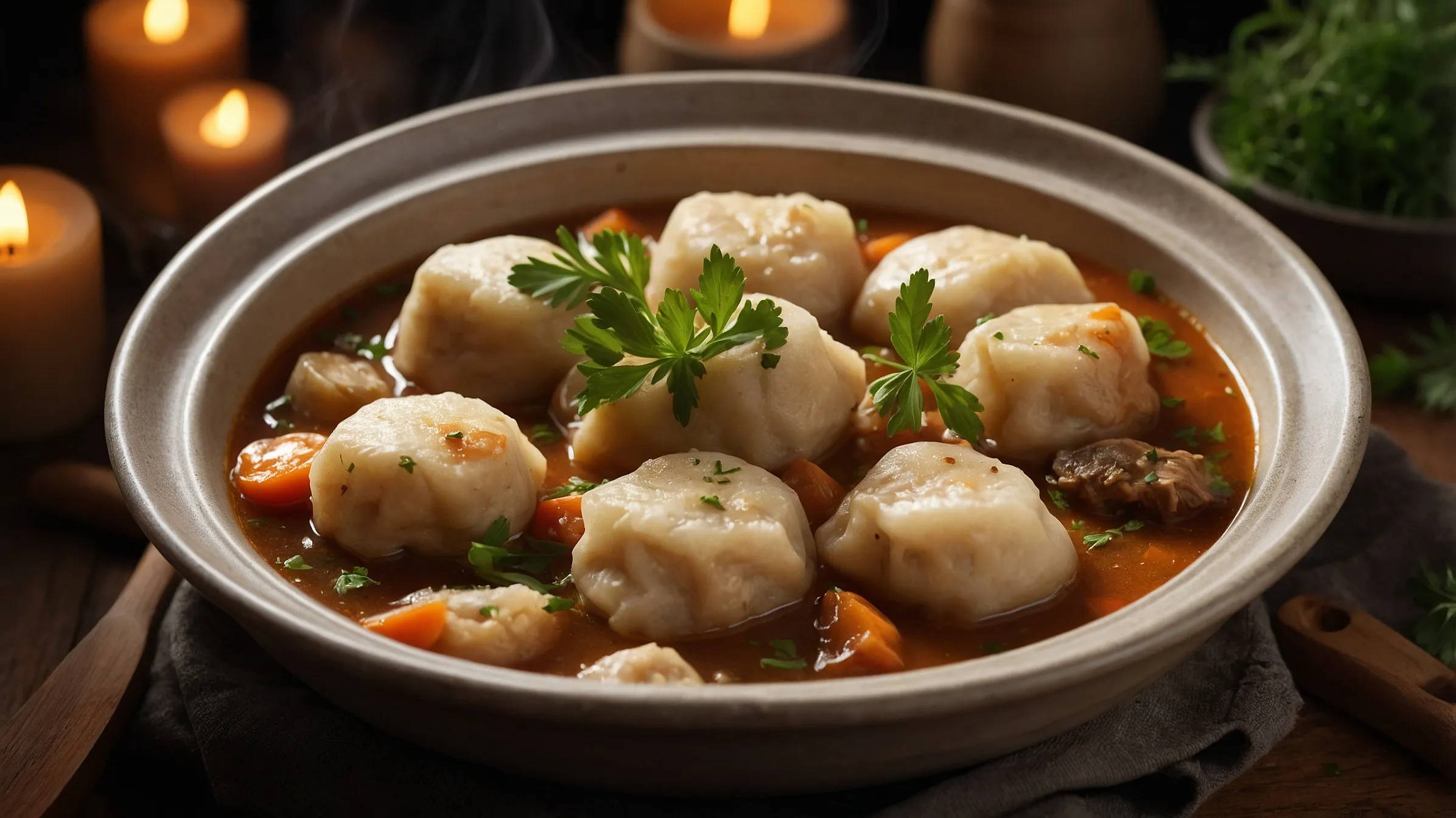 Rustic bowl of Bisquick dumplings in chicken stew with herbs