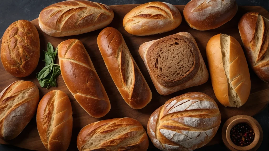 Assorted breads for paninis on a cutting board