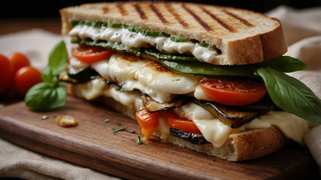 Gourmet panini sandwich with grilled vegetables and mozzarella